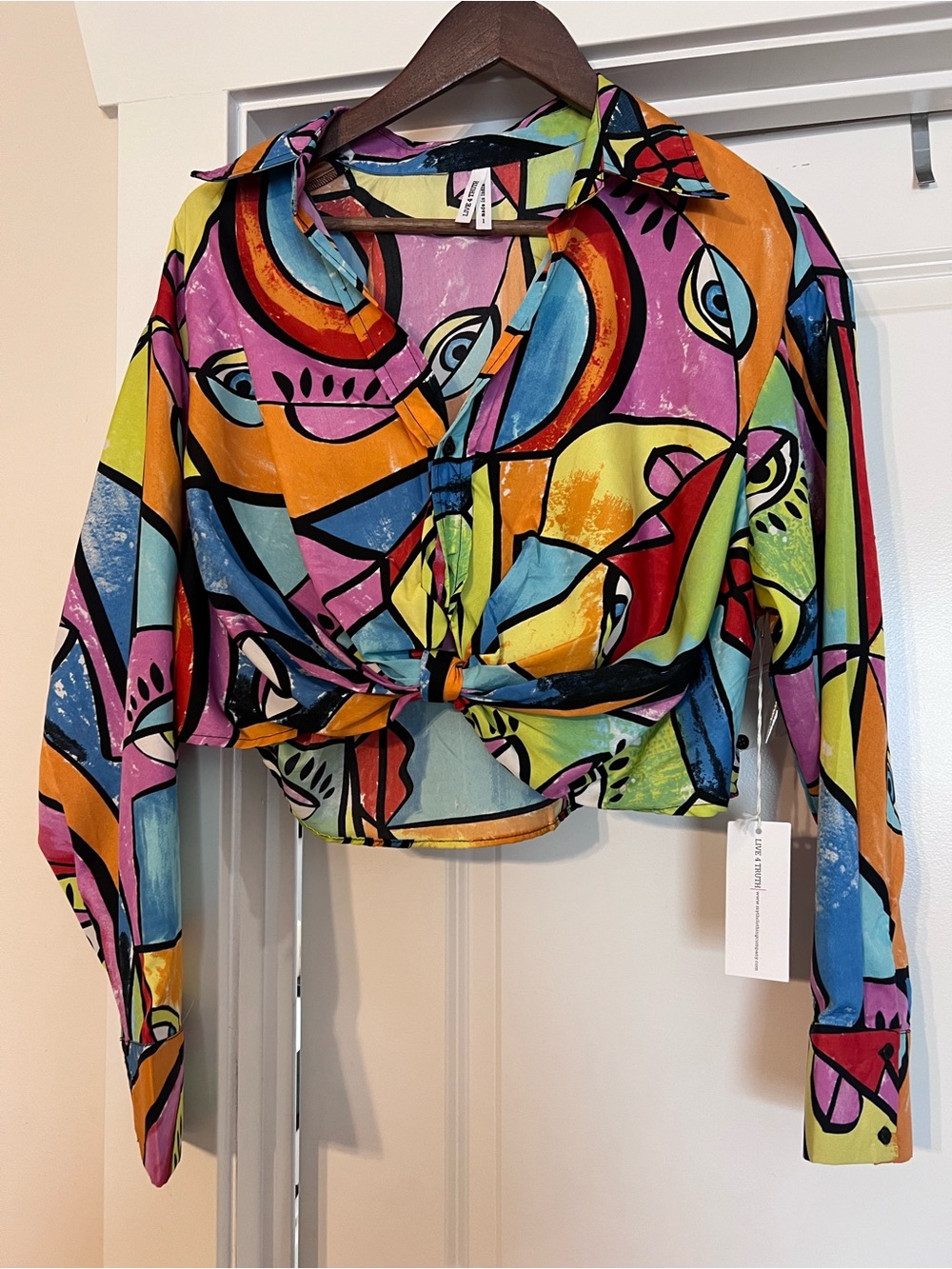 Colorful Abstract Tie-Front Crop Shirt - Multicolor